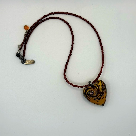 Vtg Signed Hilary London Murano Glass Topaz Heart Pendant and Beaded Necklace - Picture 4 of 6